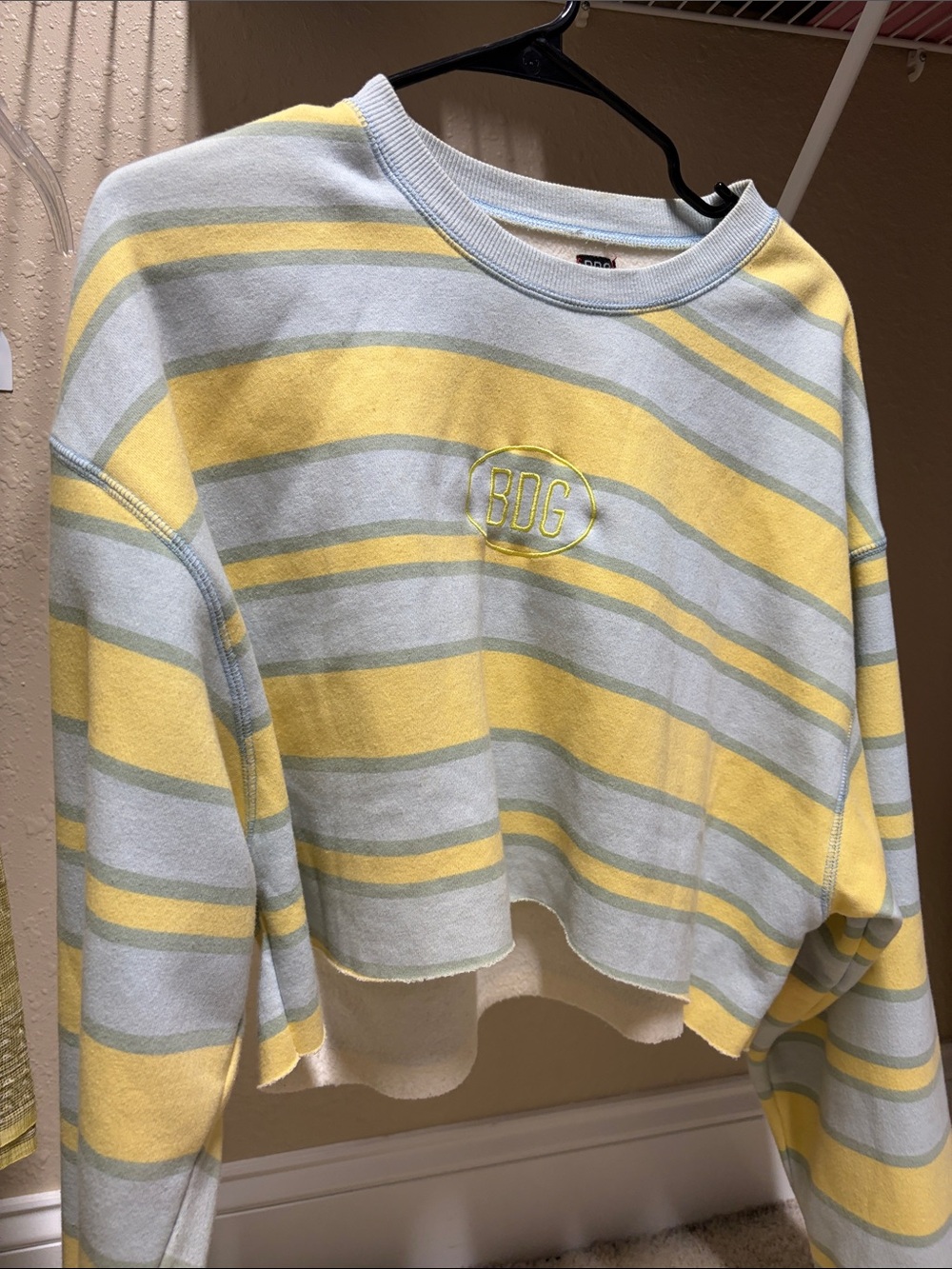 BDG Pastel Blue & Yellow Striped Cropped Crew Sweatshirt